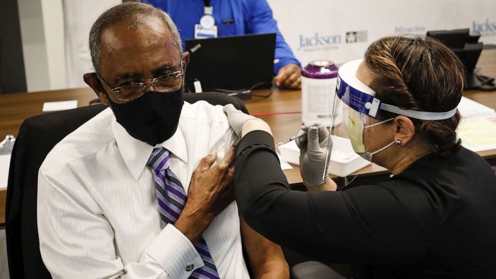 PHOTO: In this Dec. 30, 2020, file photo, a healthcare worker gives the Pfizer/BioNTech vaccine to Patrick Range, Sr, 88, as part of COVID-19 vaccination plan for the seniors at the Jackson Memorial Hospital in Miami.