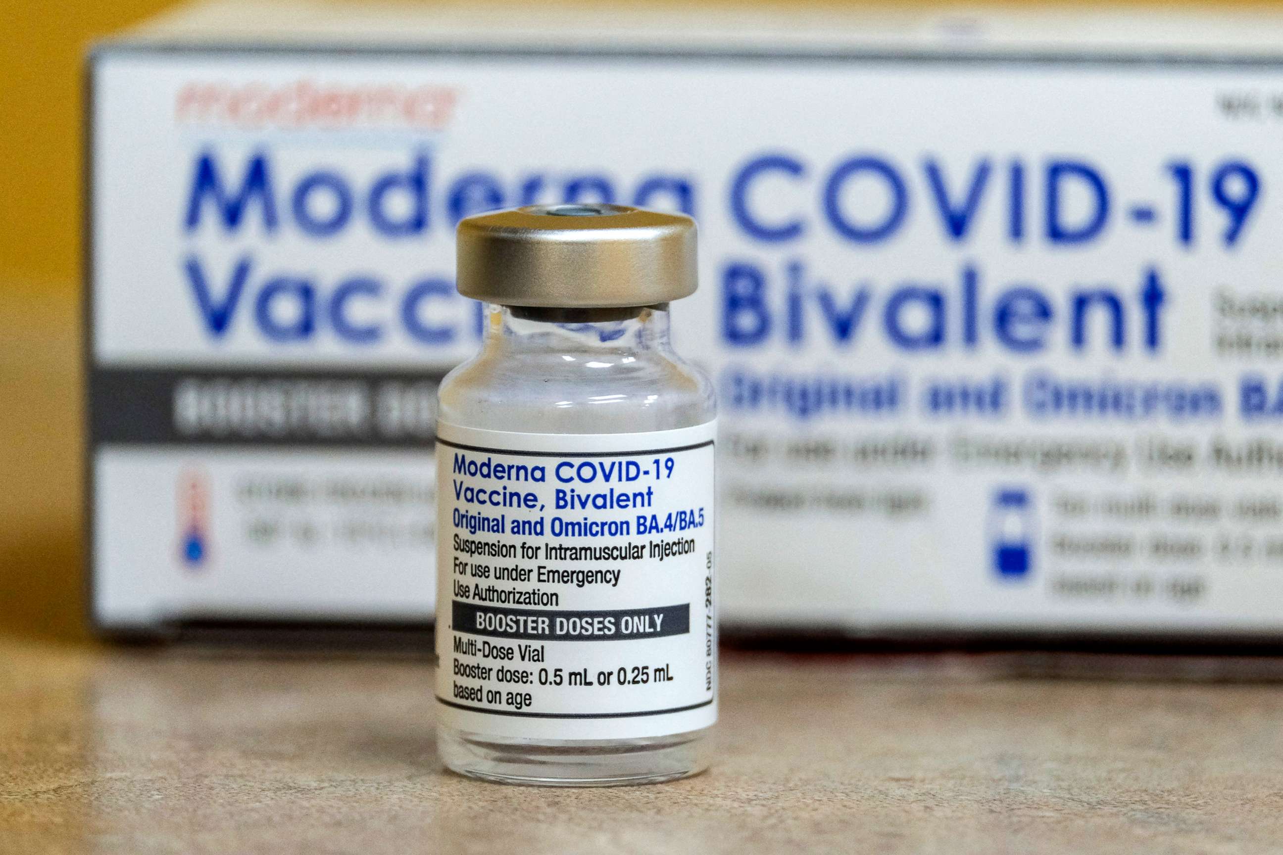 PHOTO: In this Oct. 6, 2022, file photo, a vial of the Moderna Covid-19 vaccine, Bivalent, is shown at AltaMed Medical clinic in Los Angeles.