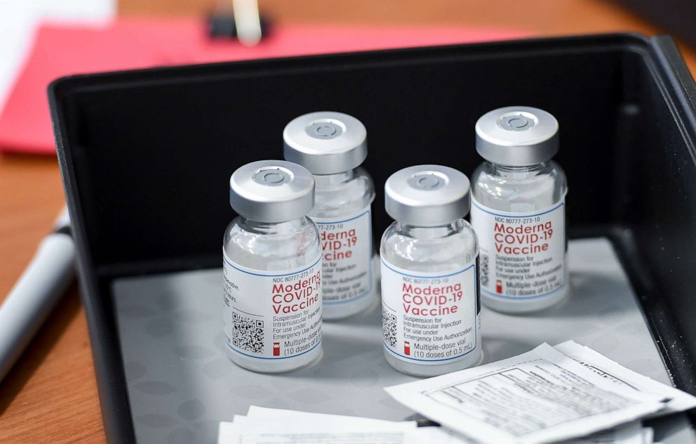 PHOTO: A detail photo of glass vials of Moderna COVID-19 vaccine at the Olivet Boys and Girls Club Pendora site in Reading, Penn., April 1, 2021.