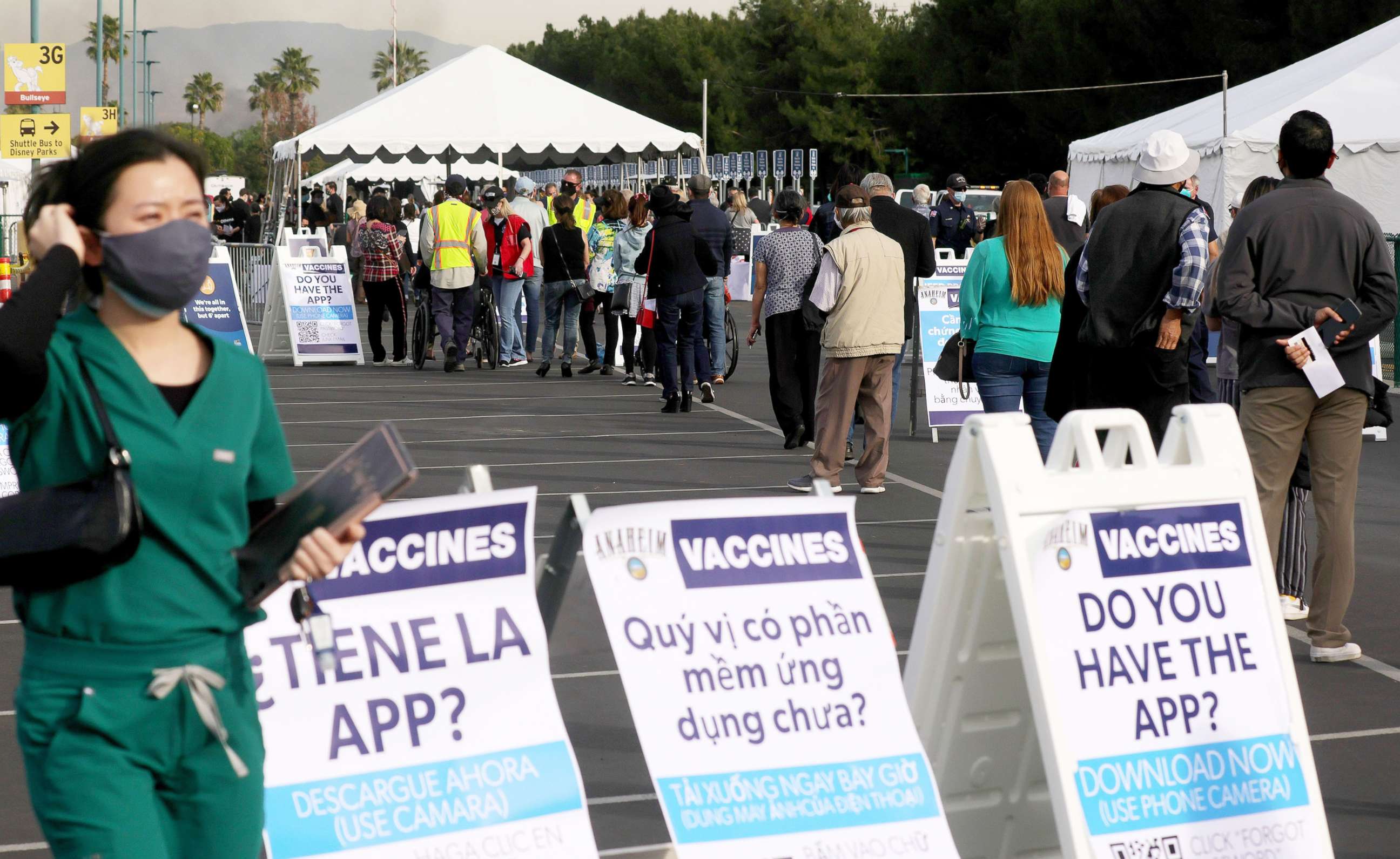 PHOTO: A line of to receive the COVID-19 vaccine at a mass vaccination site strethes into a parking lot for Disneyland Resort in Anaheim, Calif., on Jan. 13, 2021.