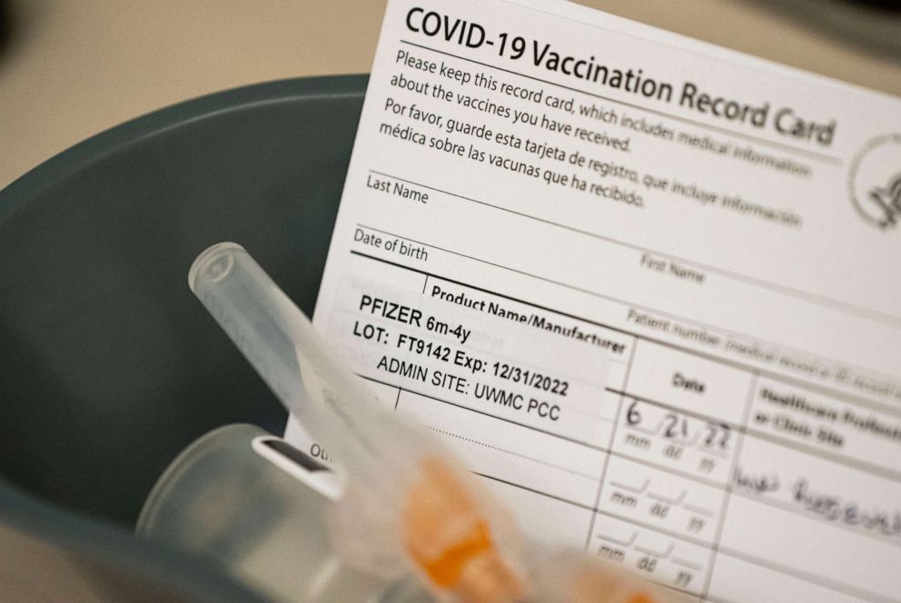 PHOTO: Doses of the Pfizer Covid-19 vaccine and vaccination record cards await pediatric patients in Seattle. June 21, 2022.