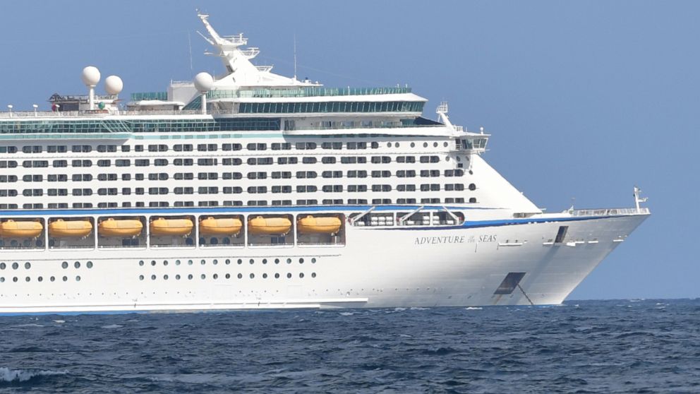 PHOTO: In this March 31, 2020, file photo, the Royal Caribbean cruise ship Adventure of the Seas sits anchored off the coast of Fort Lauderdale, Fla.
