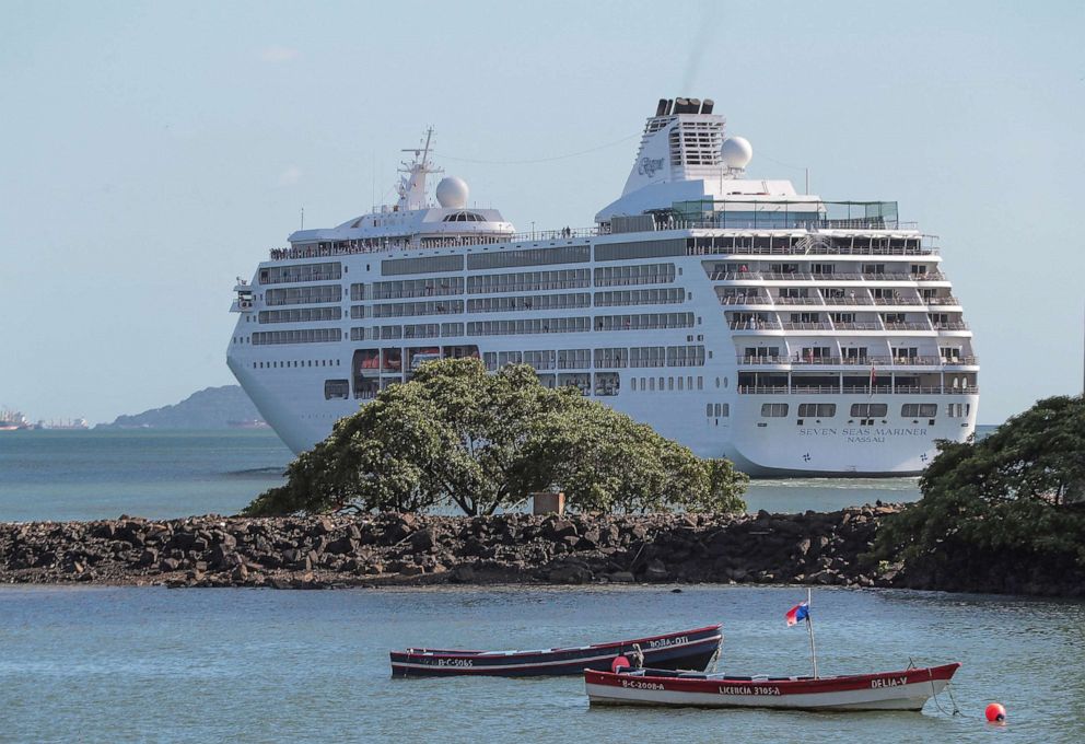 PHOTO: The "Seven Seas Mariner" cruise ship traveling from Florida passes through the Panama Canal on the outskirts of Panama City, Panama, Dec. 23, 2021.