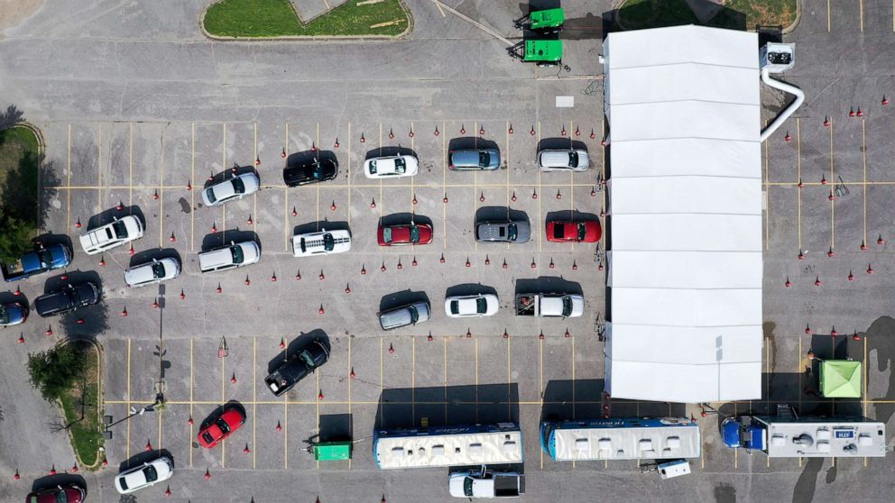 PHOTO: An aerial view of the line for the drive-thru COVID-19 testing center at the Ellis Davis Field House on July 2, 2020 in Dallas, Texas.