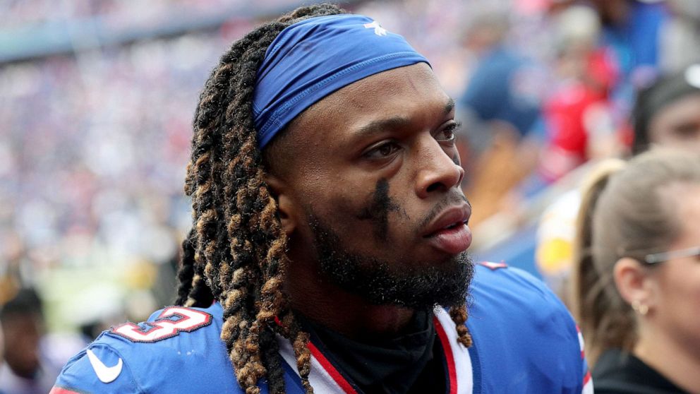 PHOTO: Damar Hamlin of the Buffalo Bills walks to the tunnel during halftime against the Pittsburgh Steelers at Highmark Stadium, Oct. 09, 2022, in Orchard Park, New York.