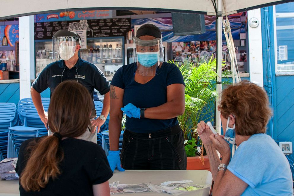 PHOTO: U.S. Air Force Staff Sgt. Candyce Collier watches the time as pedestrians collect saliva specimens at a walk-up testing site for COVID-19 on the grounds of The Starboard Restaurant in Dewey Beach, Del., June 29, 2020.