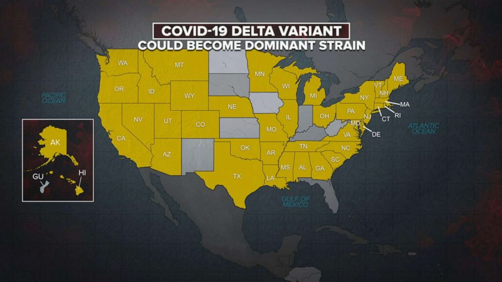 PHOTO: A map shows the state in the U.S. where the COVID-19 Delta variant could become the dominant strain, June 18, 2021.