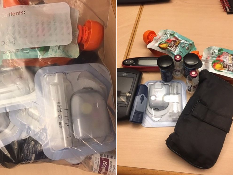 PHOTO: ABC journalist Katie Kindelan shows what she takes for a week a away from home and her daily supplies to manage her TI diabetes. 