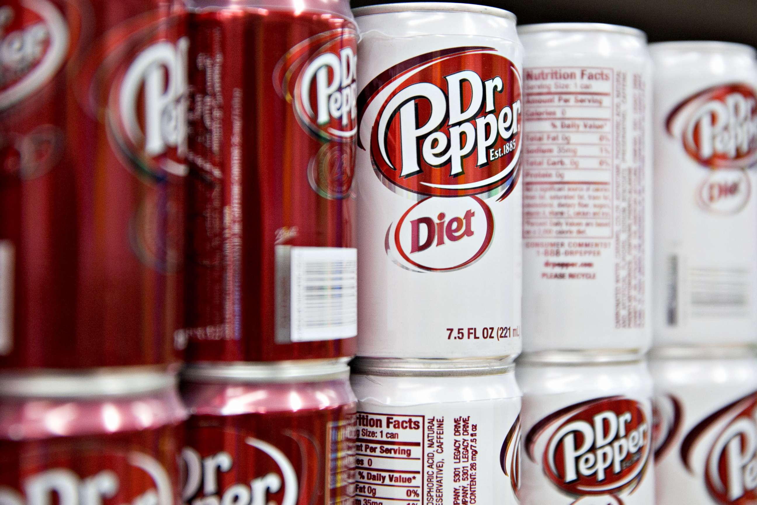 PHOTO: Cans of Dr Pepper Snapple Group Inc. Diet Dr Pepper brand soda are displayed for sale at a supermarket in Princeton, Illinois, Jan. 29, 2018.