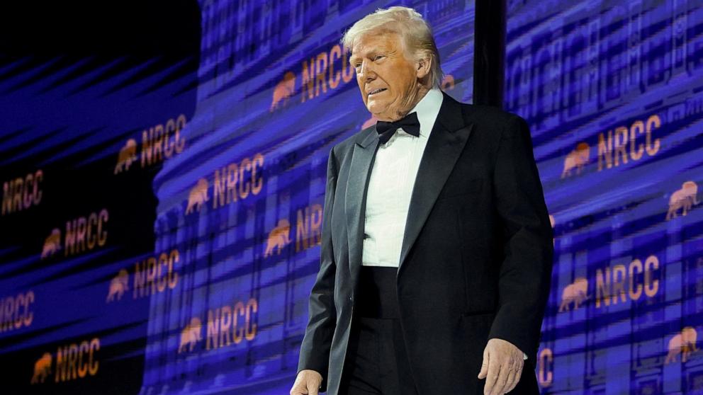 PHOTO: President Donald Trump attends the National Republican Congressional Committee dinner in Washington, April 8, 2025.