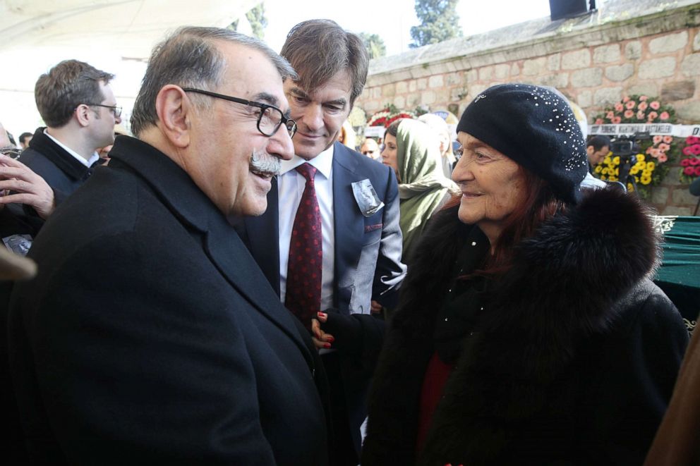 PHOTO: Former Turkish Minister Abdulkadir Aksu offers his condolences to Mehmet Oz and mother of Mehmet Oz Suna Oz during his father Professor Doctor Mustafa Oz's funeral at Fatih Mosque in Istanbul, Feb. 11, 2019.