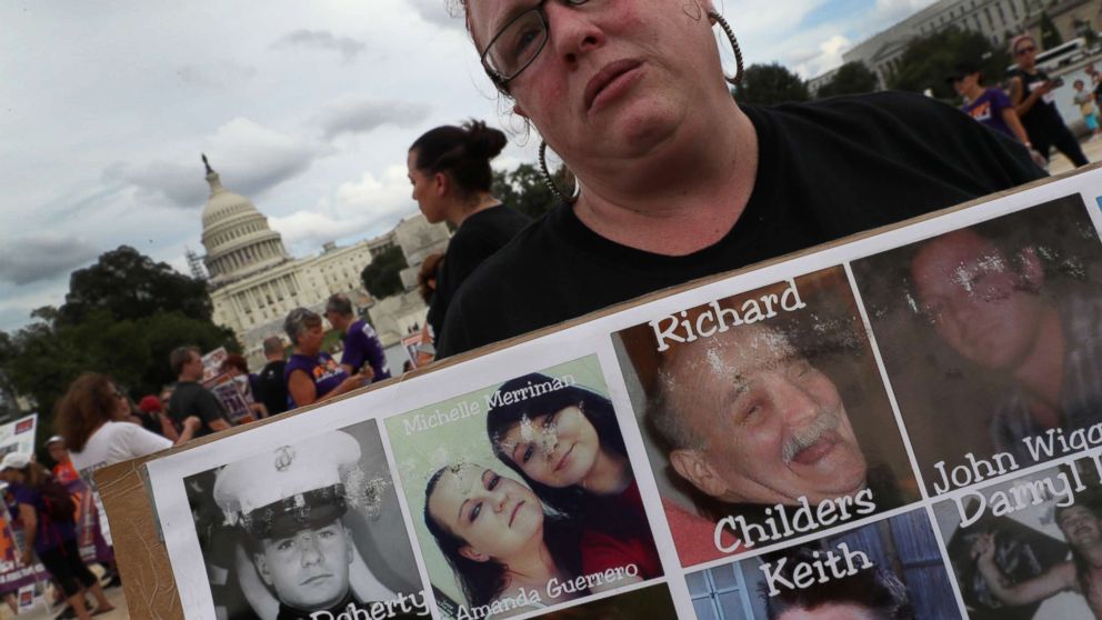 Family members of loved ones who died in the opioid/heroin epidemic take part in a "Fed Up!" rally at Capitol Hill on September 18, 2016 in Washington, DC.