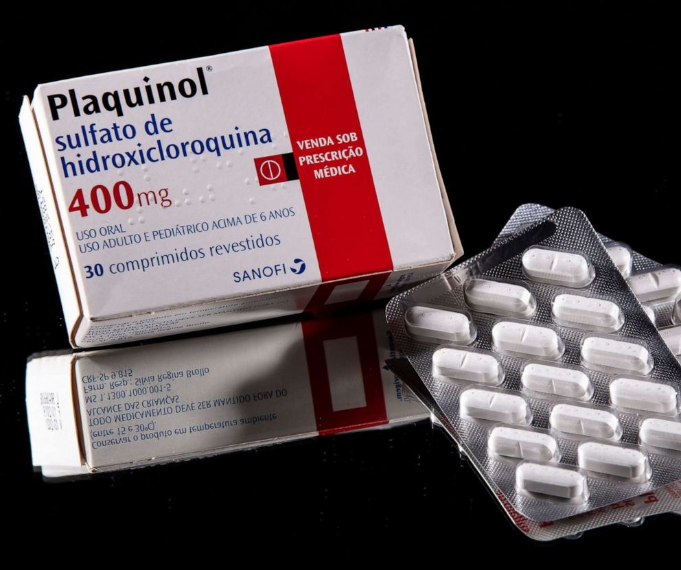 PHOTO: A box and tablets on a blister pack of Plaquinol (Hydroxychloroquine) are displayed on April 10, 2020, in Rio de Janeiro.