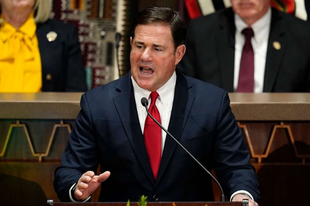 PHOTO: Arizona Gov. Doug Ducey gives his state of the state address at the Arizona Capitol, Jan. 10, 2022, in Phoenix.