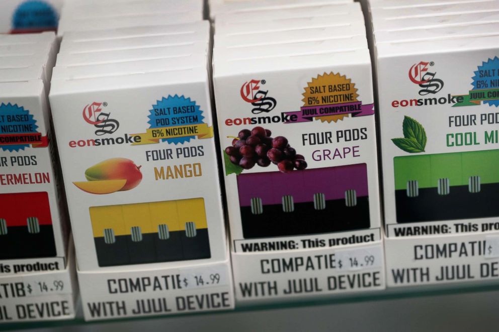 PHOTO: E-Liquids, which are used for vaping in electronic cigarettes, are offered for sale at the Smoke Depot on Sept. 13, 2018 in Chicago.