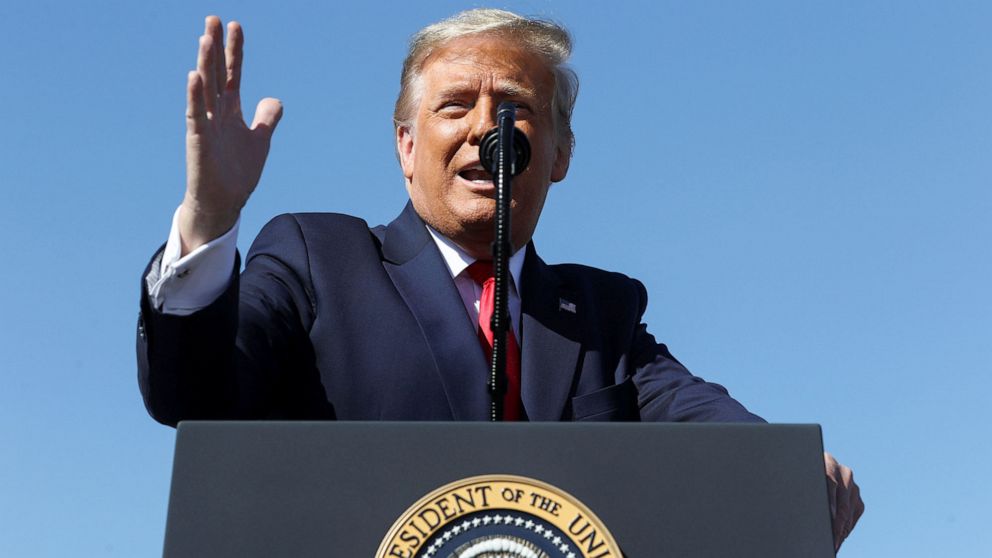 PHOTO: President Donald Trump speaks during a campaign rally at Laughlin/Bullhead International Airport in Bullhead City, Ariz., Oct. 28, 2020.