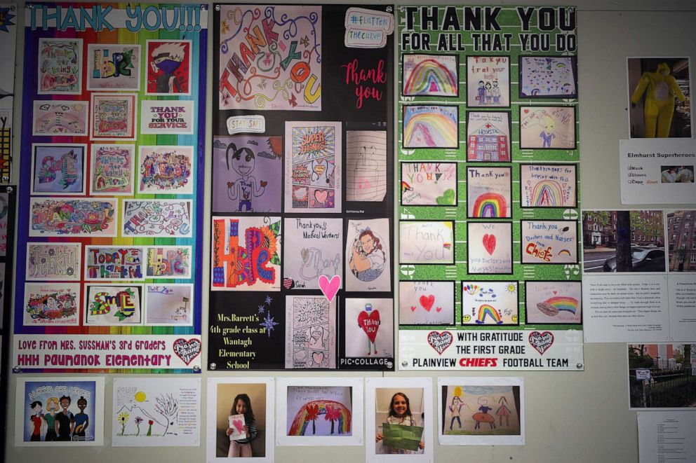 PHOTO: Greeting cards for healthcare workers are seen inside the Elmhurst Hospital amid the coronavirus pandemic in Queens, N.Y., May 12. 2020.