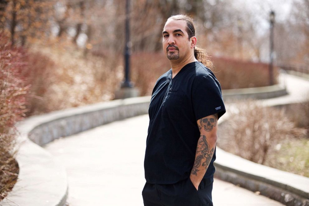 PHOTO:Ivan Torres, Elmhurst Hospital social worker, poses for a portrait in New York City on March 19, 2021.