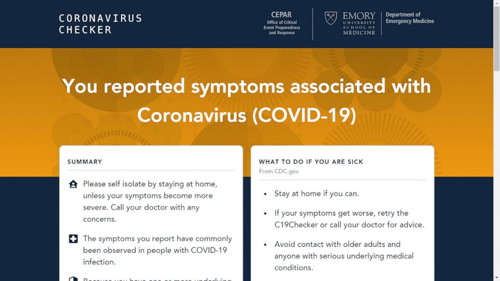 PHOTO: A screen grab made on April 3, 2020, shows a screen from the Emory University School of Medicine's Coronavirus Checker website.