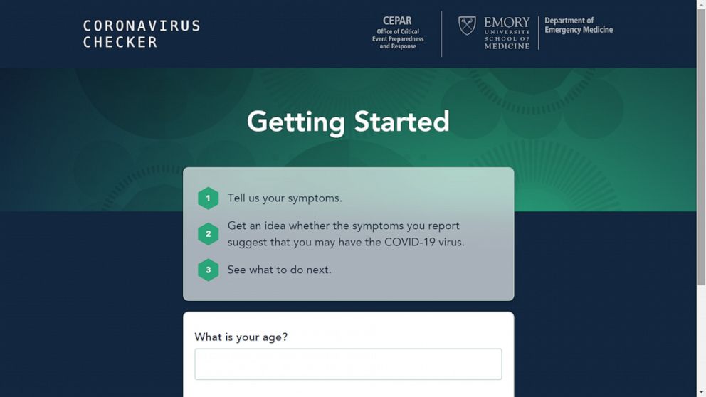 PHOTO: A screen grab made on April 3, 2020, shows a screen from the Emory University School of Medicine's Coronavirus Checker website.