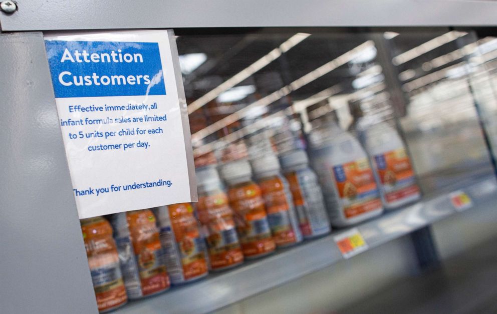 PHOTO: A warning sign is displayed as Shelves are empty at a Walmart store during a baby formula shortage in North Bergen, NJ,  May 26, 2022.