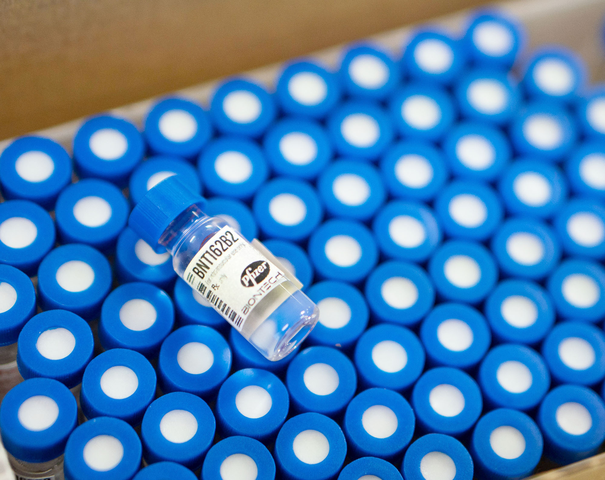 PHOTO: Mock vials of the Pfizer vaccine for COVID-19 are used during a staff vaccine training session in Madison, Wisc., Dec. 8, 2020.