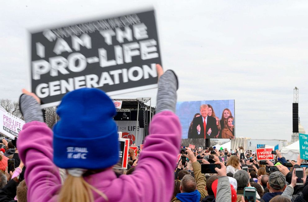 PHOTO: Pro-life demonstrators listen to US President Donald Trump as he speaks at the 47th annual "March for Life" in Washington, DC, on Jan. 24, 2020.