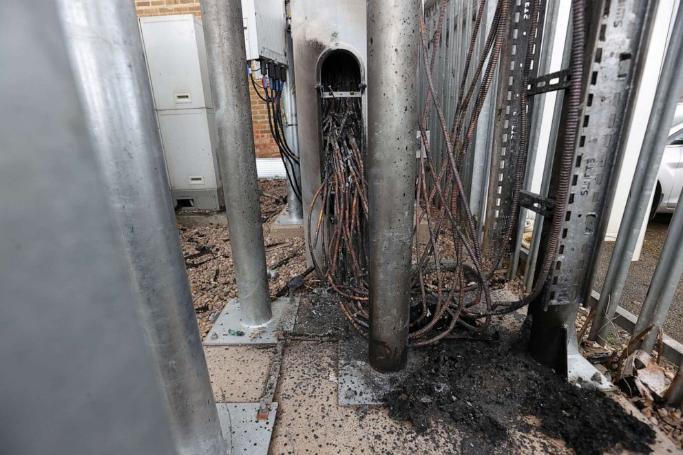PHOTO: Wires of a telecommunications mast damaged by fire are seen in Sparkhill in  Birmingham, Britain, April 6, 2020.