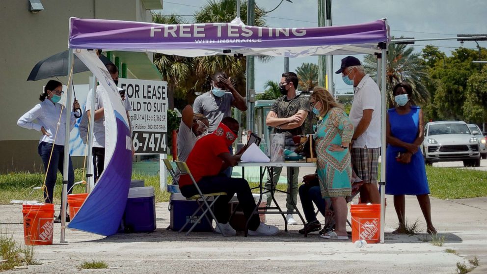 PHOTO: People wait to receive a COVID-19 test at a pop-up testing location on July 26, 2021 in Miami, Fla.