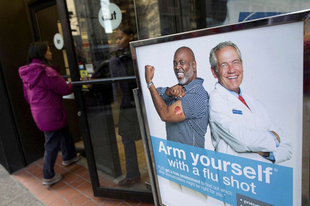 PHOTO: FILE PHOTO: People enter a pharmacy past a sign promoting flu shots in New York on January 10, 2013.
