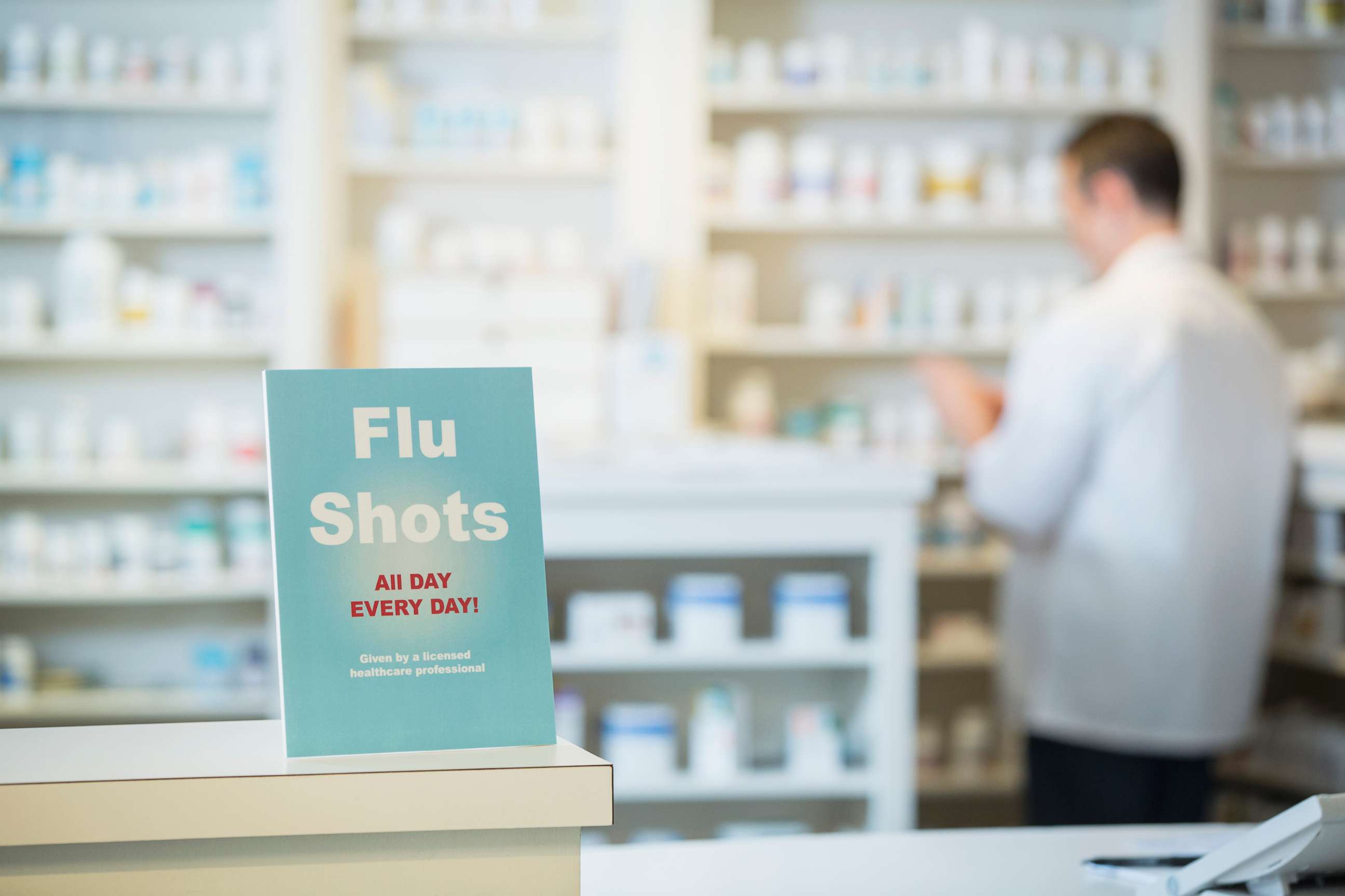 PHOTO: A sign for flu shots is pictured in pharmacy in this undated stock photo.