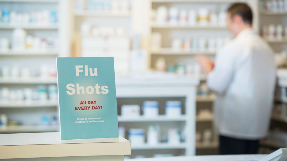 PHOTO: A sign for flu shots is pictured in pharmacy in this undated stock photo.