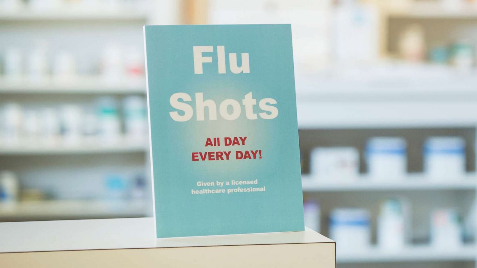 PHOTO: A sign for flu shots is pictured in pharmacy in this undated stock photo.