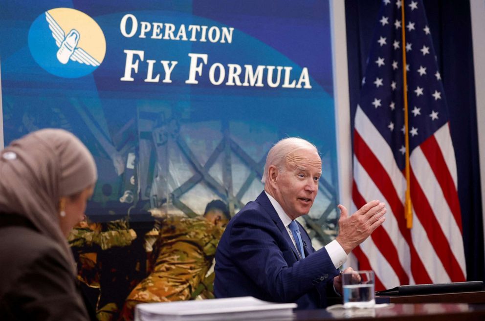 U.S. President Joe Biden flanked by Sameera Fazili, Deputy Assistant to the President and Deputy Director at National Economic Council, holds a meeting with White House officials and baby formula manufacturers. 