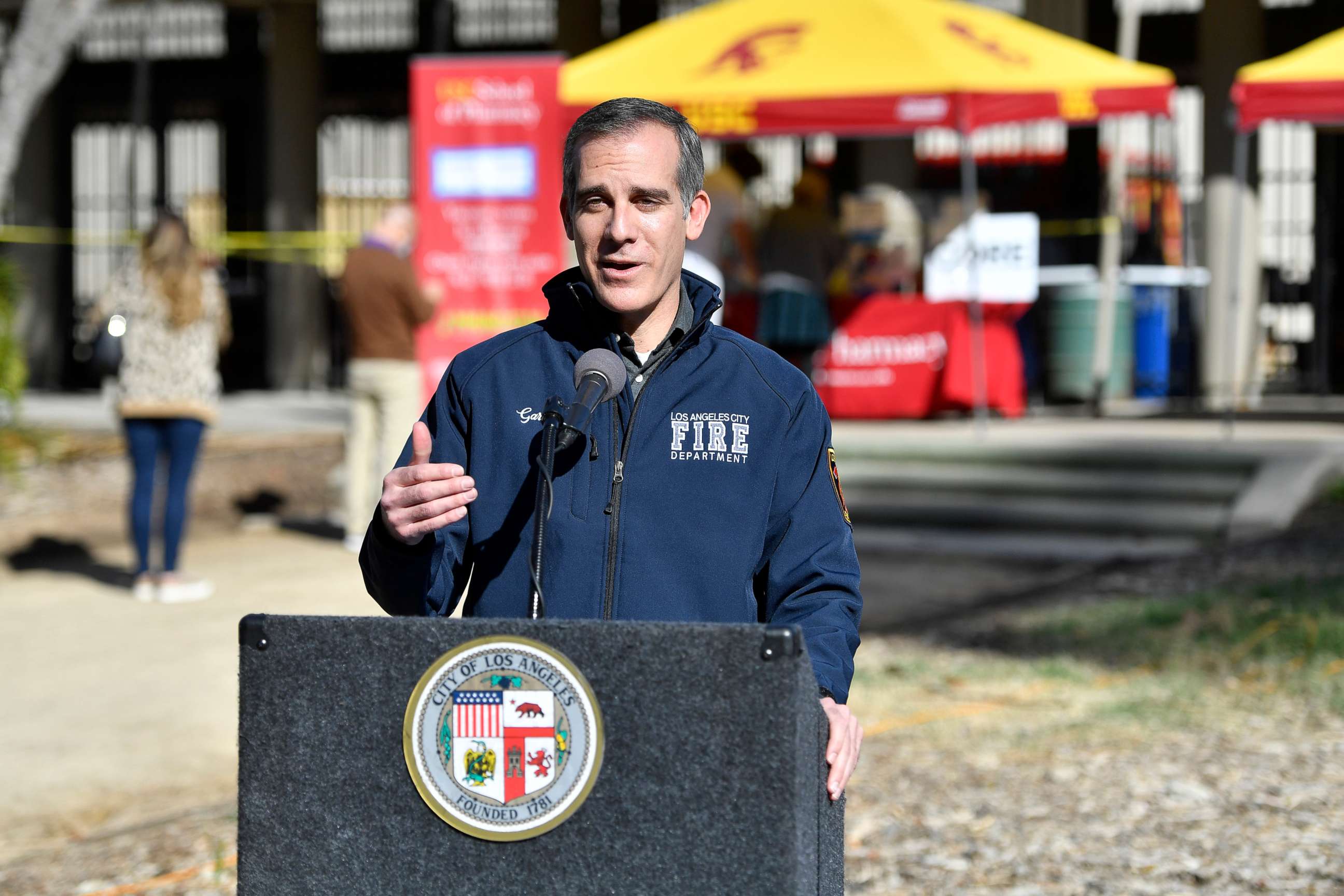 PHOTO: Mayor Eric Garcetti visits a coronavirus vaccination site at Lincoln Park on Dec. 30, 2020, in Los Angeles.
