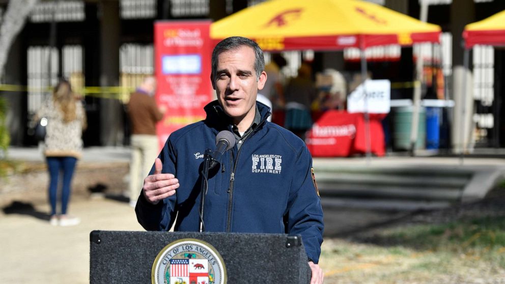 PHOTO: Mayor Eric Garcetti visits a coronavirus vaccination site at Lincoln Park on Dec. 30, 2020, in Los Angeles.