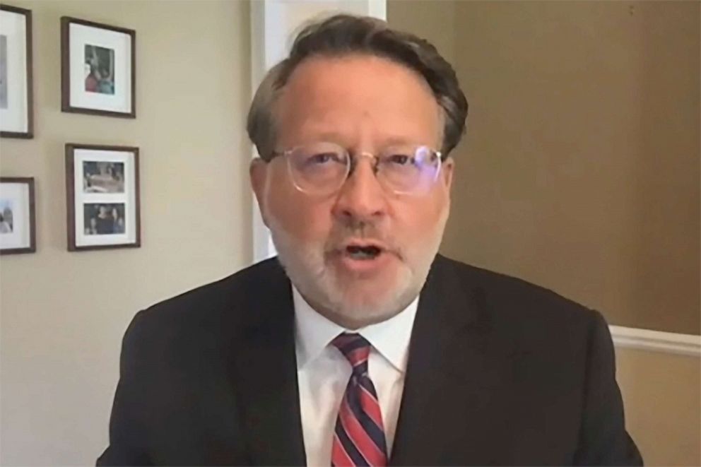 PHOTO: In this image from video, Committee Ranking Member Sen. Gary Peters, D-Mich., speaks during a virtual hearing before the Senate Governmental Affairs Committee, Aug. 21, 2020 on Capitol Hill in Washington. 