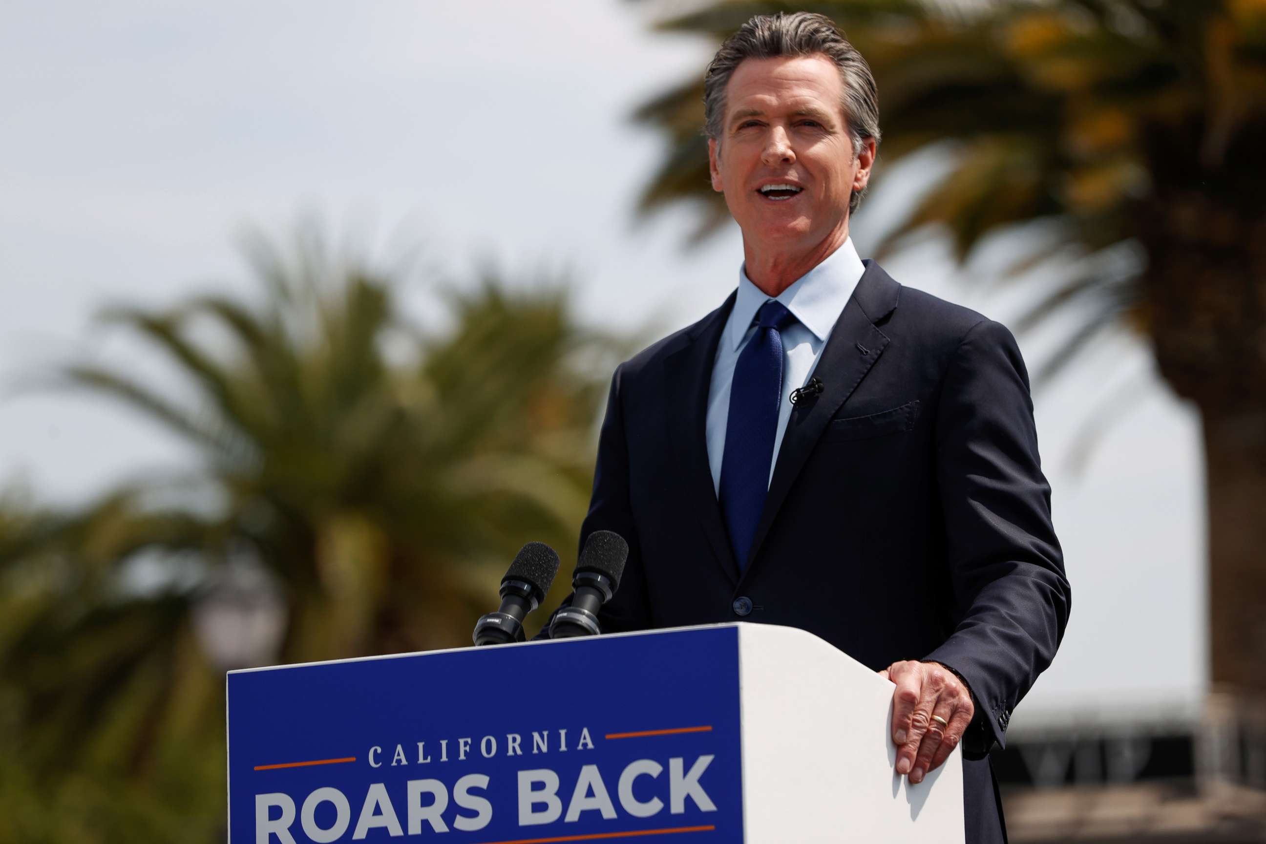 PHOTO: California Governor Gavin Newsom speaks at a news conference at Universal Studios Hollywood in Universal City, Los Angeles, June 15, 2021.