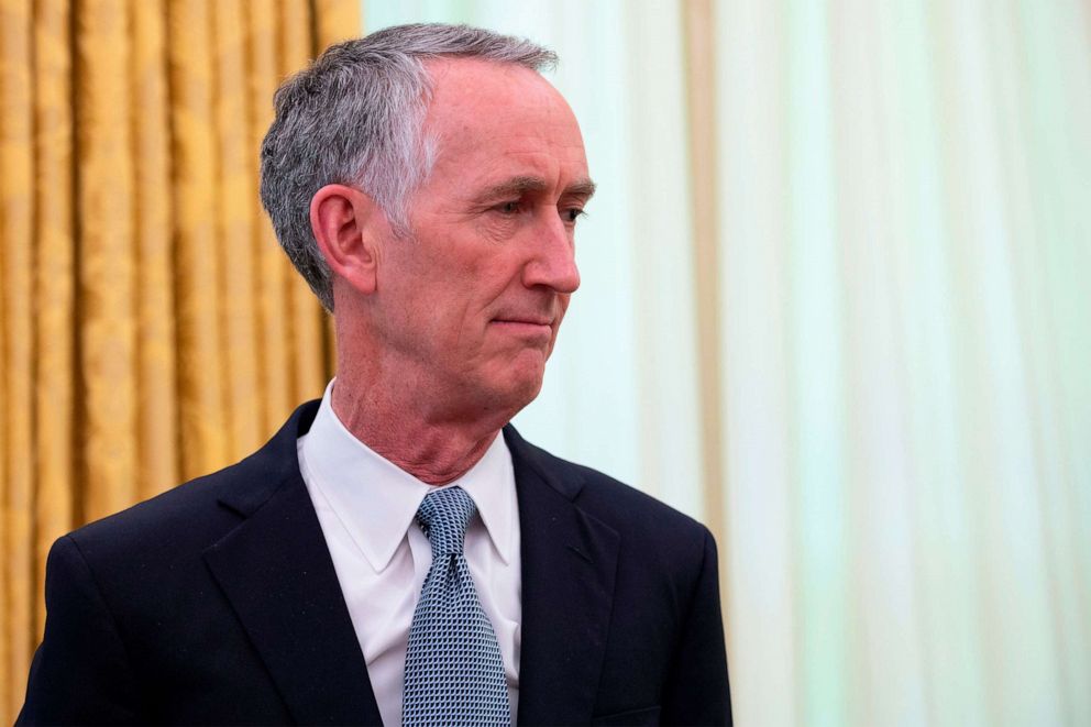 PHOTO: In this May 1, 2020, file photo, Daniel O'Day, CEO of Gillead Sciences Inc., speaks during a meeting with President Donald Trump in the Oval Office of the White House in Washington, DC.