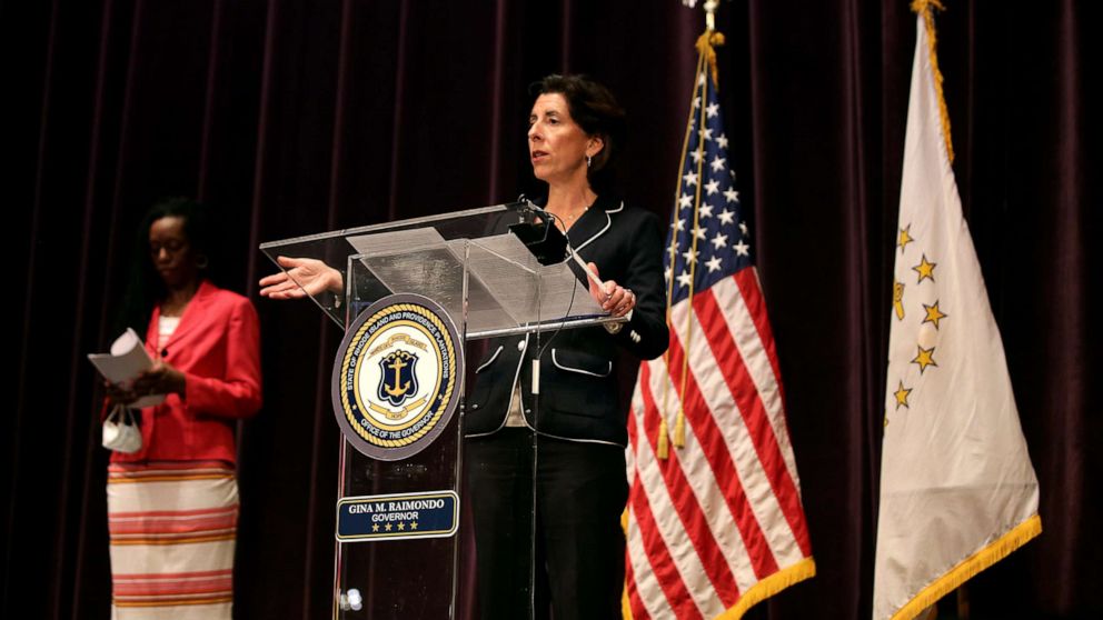 PHOTO: Rhode Island Governor Gina M. Raimondo speaks at a daily news conference on the coronavirus pandemic in Providence, R.I., May 27, 2020.