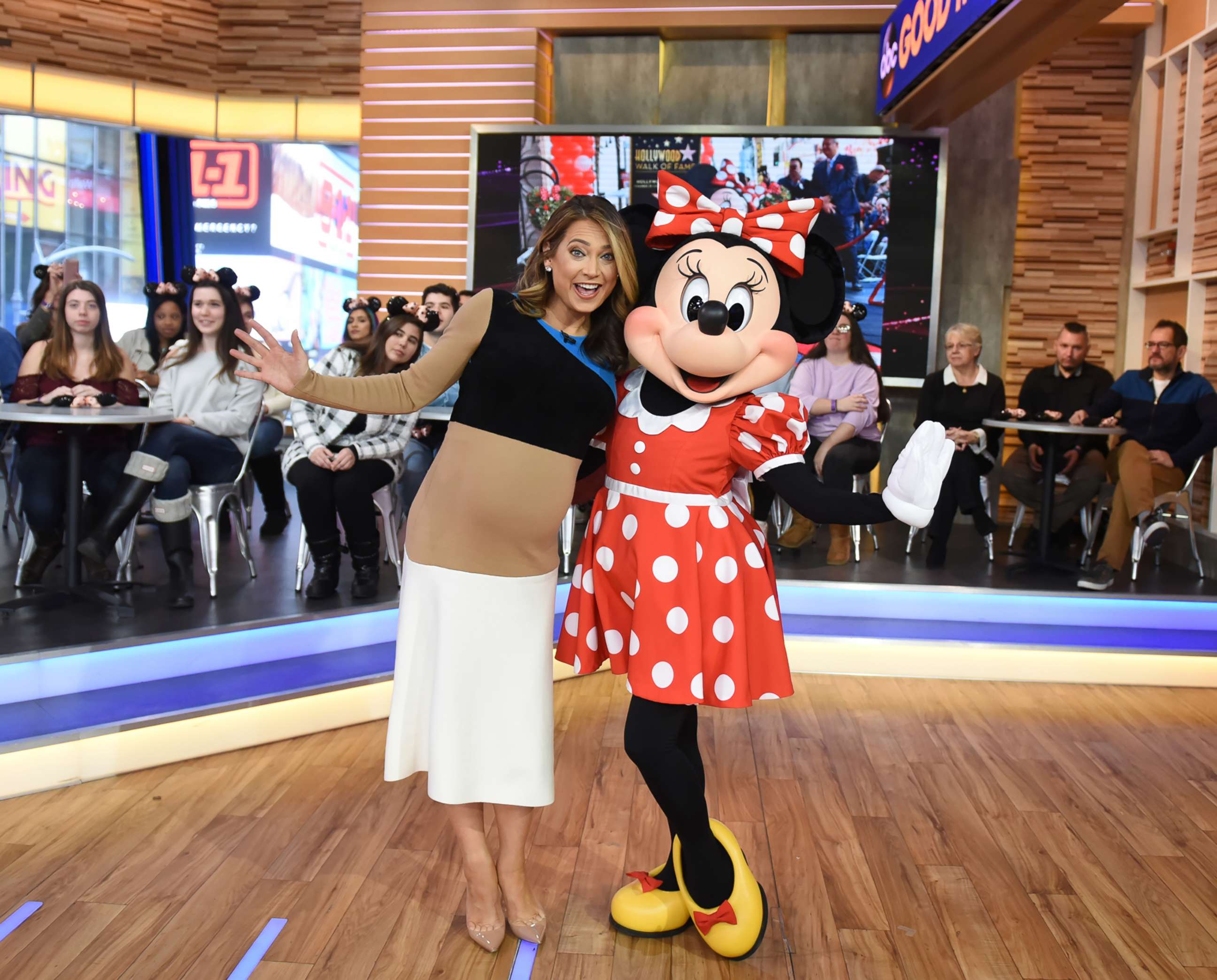 PHOTO: Minnie Mouse is a guest on "Good Morning America," Jan. 24, 2018 posing with Ginger Zee. 
