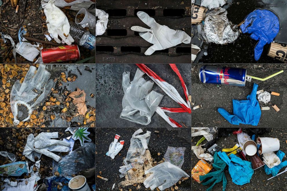 PHOTO: This combination of pictures created on March 29, 2020 shows latex plastic gloves littering among other waste the street in Paris on March 29, 2020.