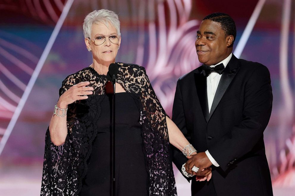 PHOTO: Jamie Lee Curtis and Tracy Morgan speak onstage at the 80th Annual Golden Globe Awards held at the Beverly Hilton Hotel, Jan. 10, 2023, in Los Angeles.