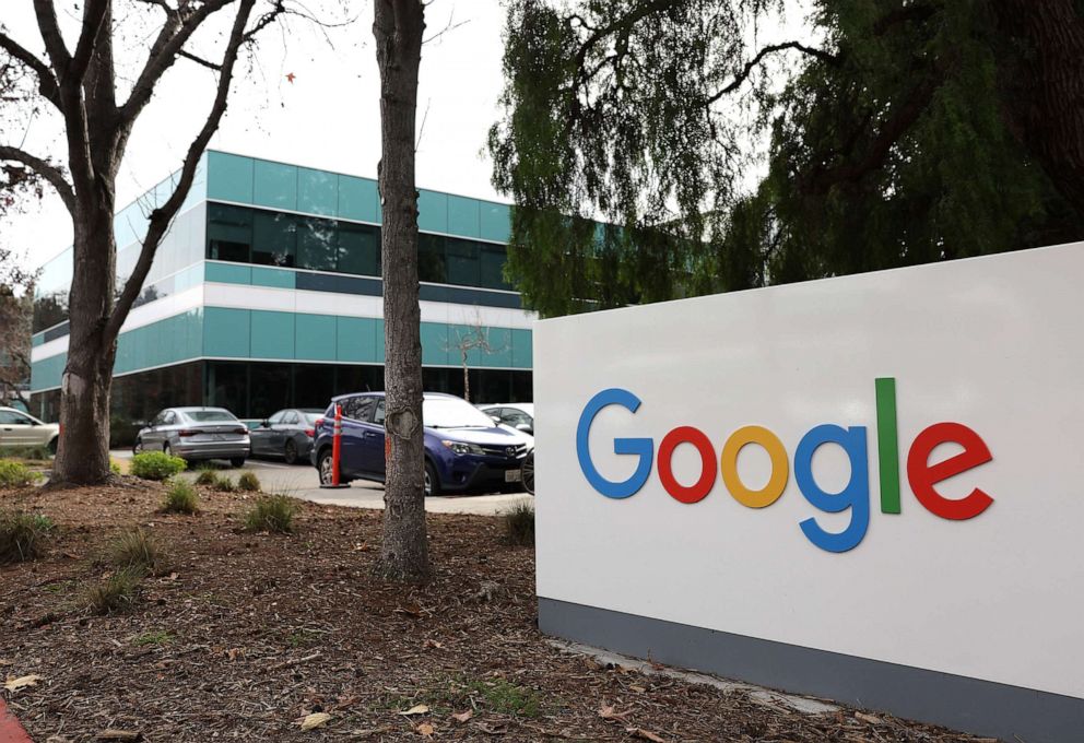 PHOTO: A sign is posted in front of an office at Google headquarters on Feb. 2, 2023 in Mountain View, Calif.