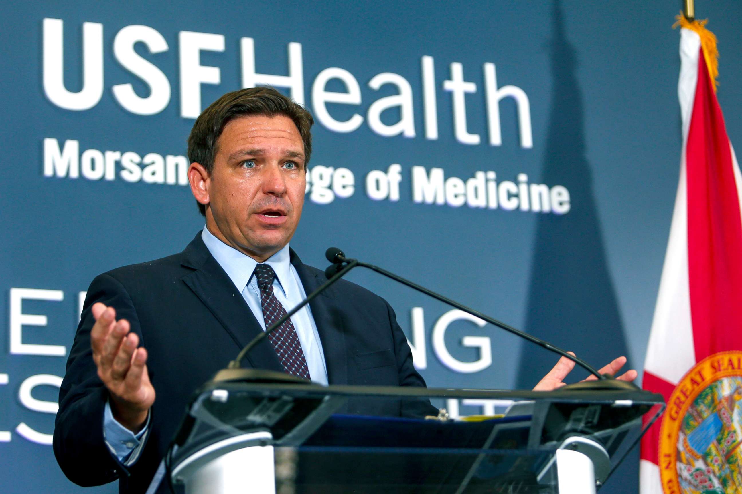 PHOTO: Gov. Ron DeSantis takes questions during a press conference at Tampa General Hospital on Aug. 5, 2021, in Tampa, Fla.