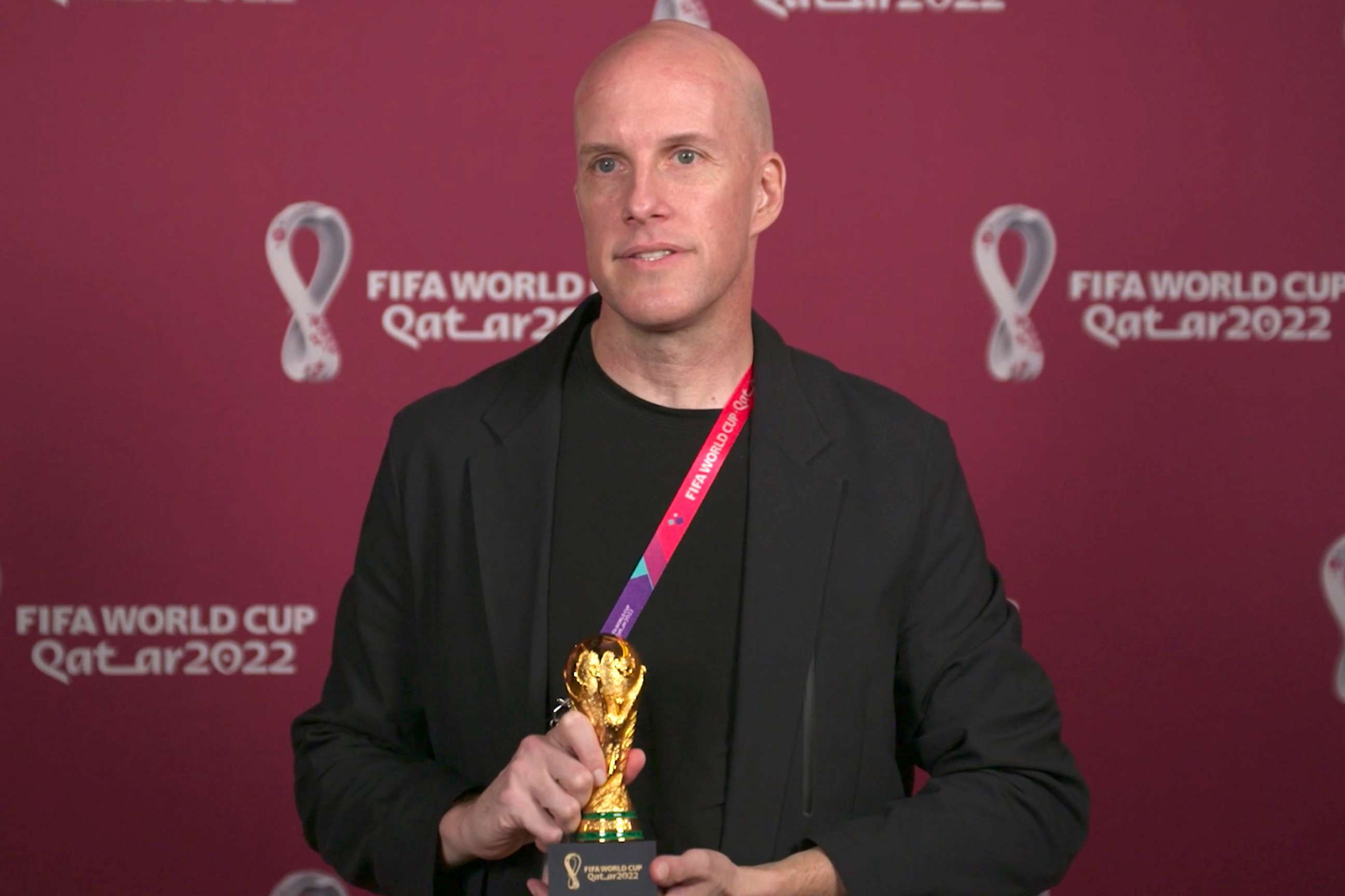 PHOTO: Journalist Grant Wahl attends an awards ceremony at the World Cup,in Doha, Qatar. Nov. 2022.