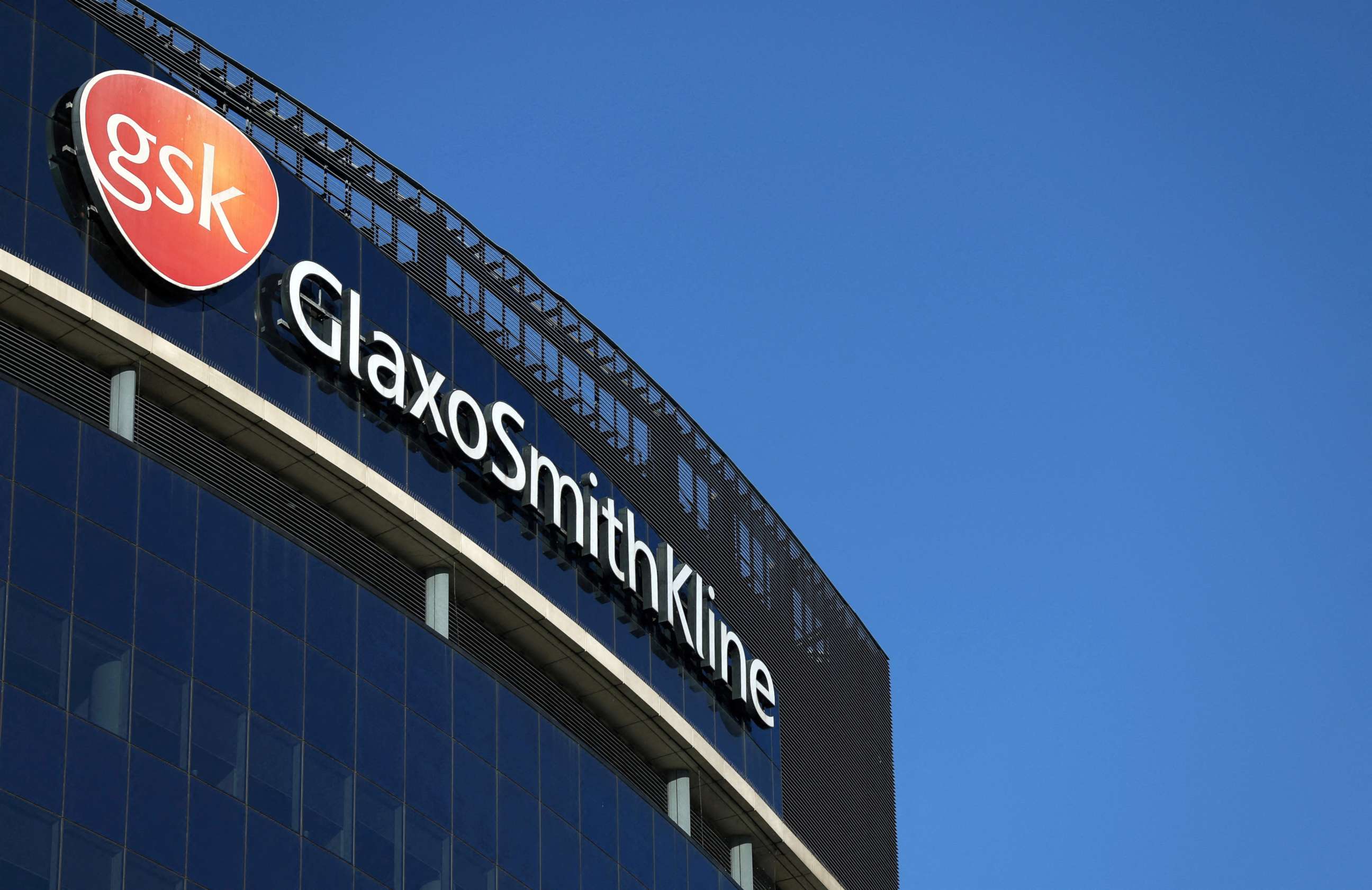 PHOTO: A view shows GlaxoSmithKline headquarters in London, Jan. 17, 2022.