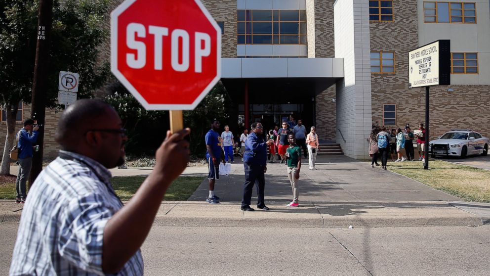 Students are dismissed from Sam Tasby Middle School on Oct. 1, 2014 in Dallas, Texas. Officials confirmed that a student, who had contact with the first confirmed Ebola virus patient in the United States, attends classes at the school.
