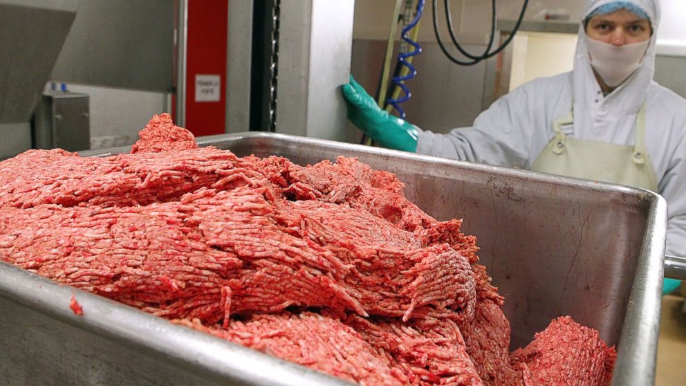Ground beef is seen on a production line in Saint-Dizier, eastern France in 2011.