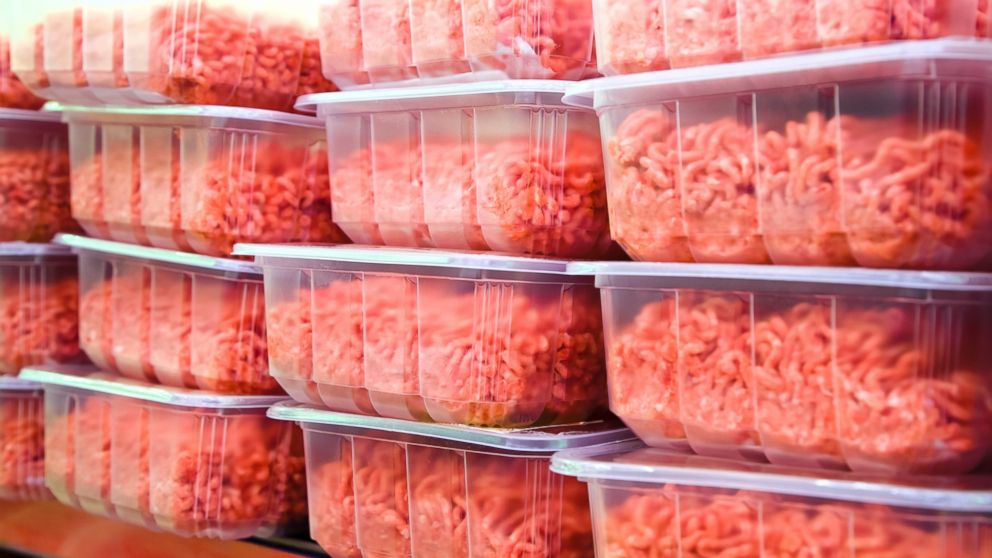 Ground beef in plastic containers are seen in this undated file image. 